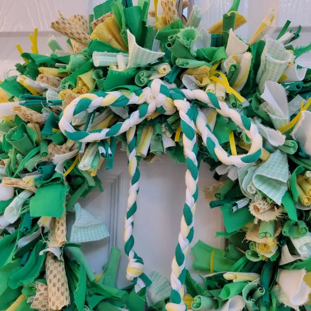 Handcrafted Upcycled Small Spring Fabric Wreath Green, Yellow, White, 14